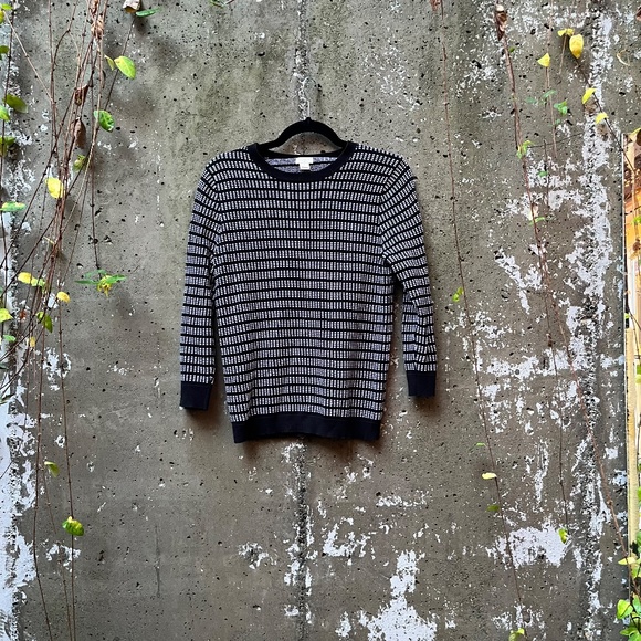 J. Crew Cotton Light Pullover Sweater, 3/4 Sleeves, Black + White, Small - Picture 1 of 11